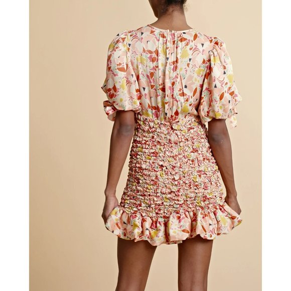 🆕 By TiMo Shirred Smocked Ruffle Crepe Satin Mini Dress Floral Medium - Picture 11 of 16